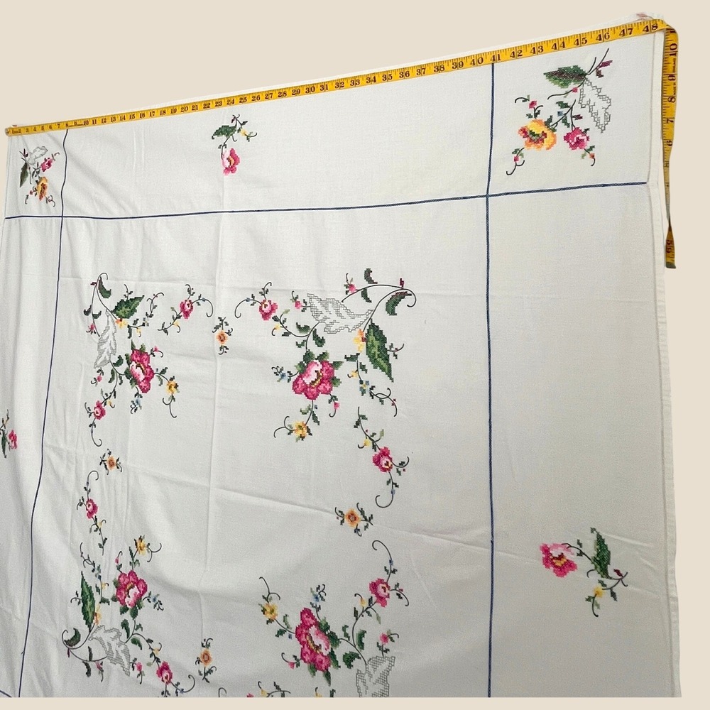 Vintage Hand Embroidered Cross Stitch Floral Tablecloth White Square 48x50 - Picture 10 of 10